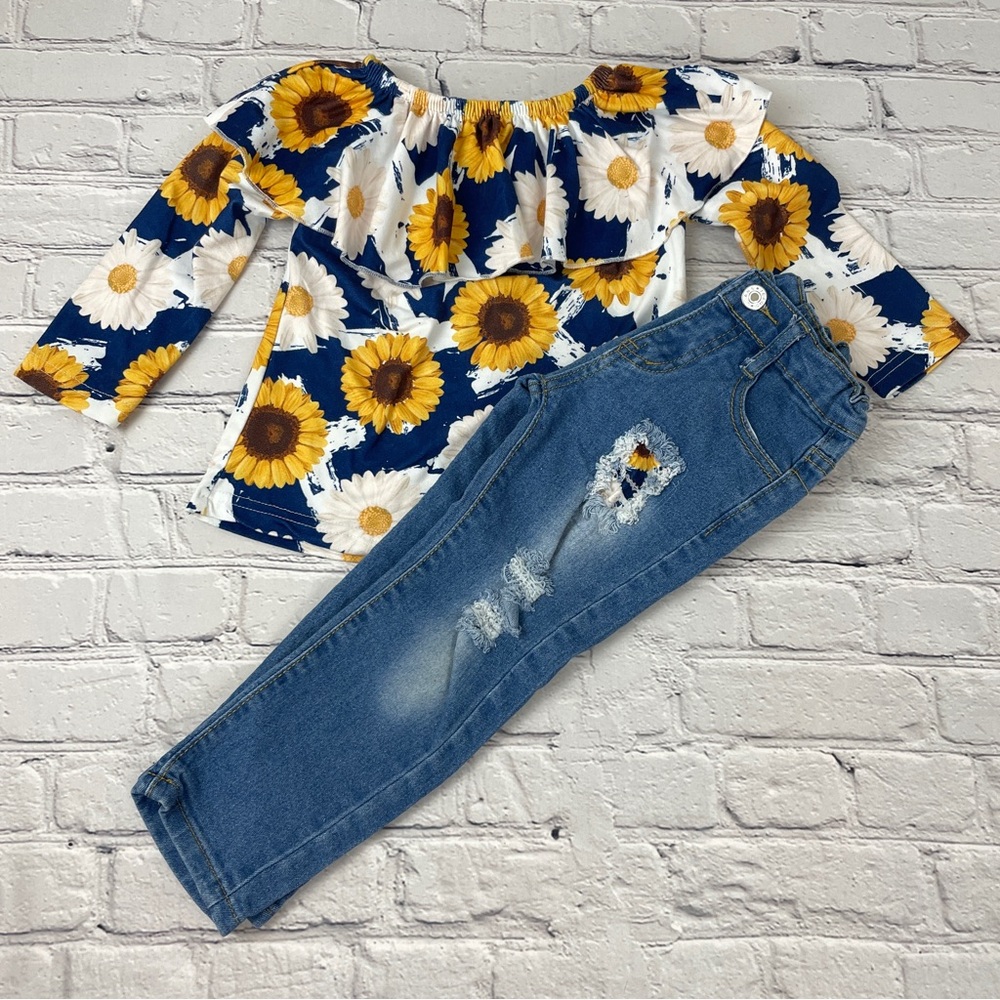 Boutique Sunflower Long Sleeve Shirt & Jean Toddler Girl Fall Outfit Size M/3T
